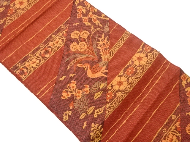 手織り真綿紬孔雀に草花・横段模様織出し名古屋帯